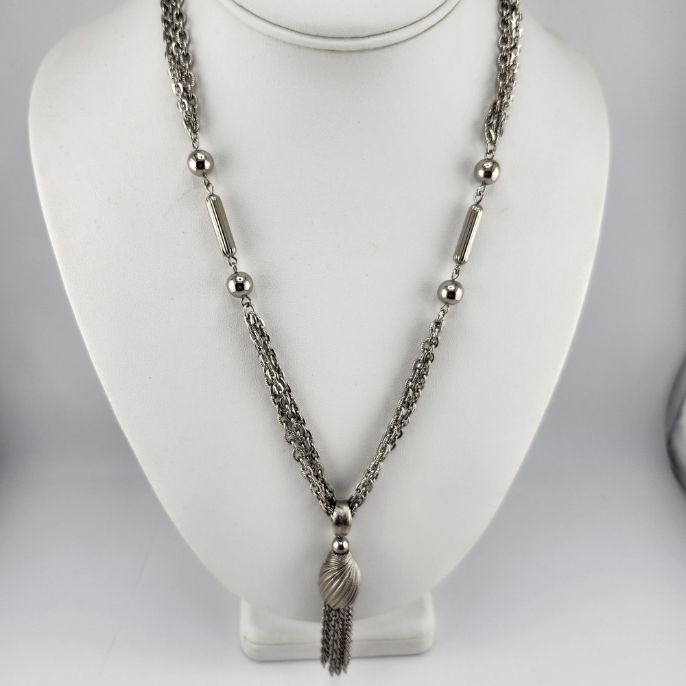 Vintage Silver Tone Y Drop Tassel Necklace